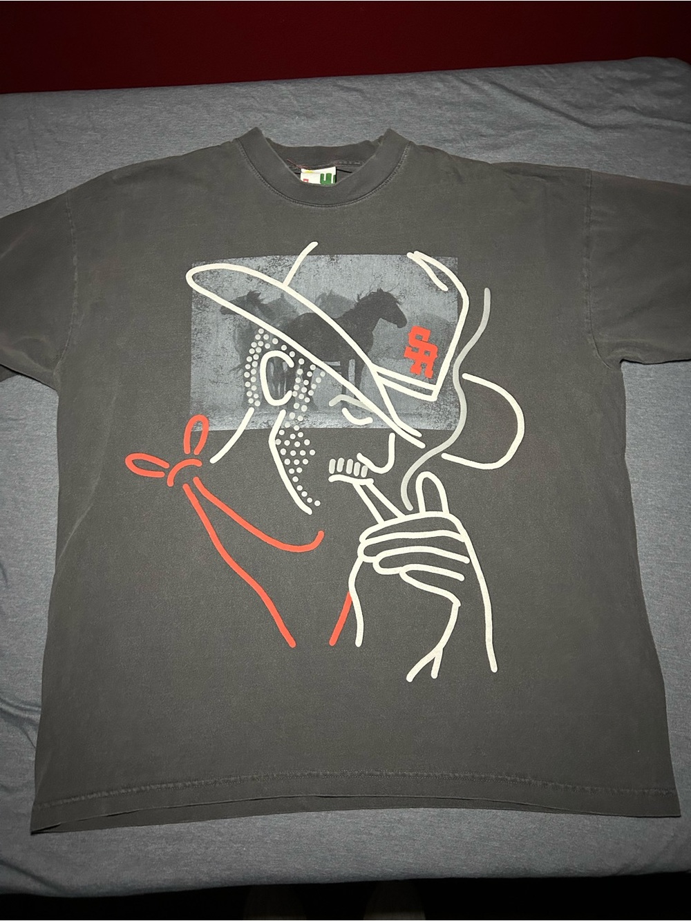 Stevenson Ranch Short Sleeve Tee with Cowboy Line Art - Charcoal/Red